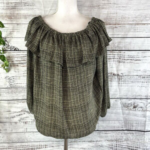 Ann Taylor Blouse Top size Small Olive Green Ruffled Prairie Boho Wedding Guest